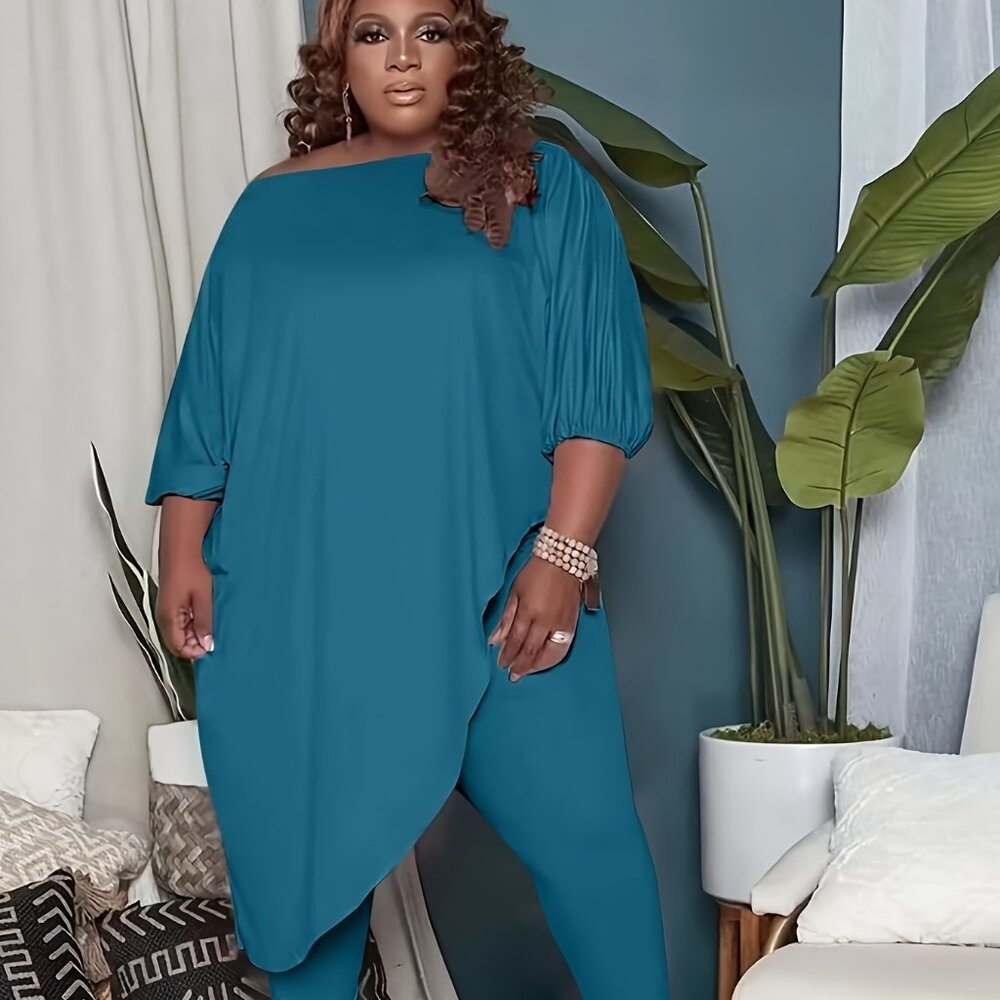Plus Size Off-Shoulder 2PC Set | Asymmetrical Top + Stretch Pants (1X–5X) - Picture 2 of 3